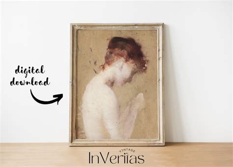 Vintage Nude Woman Portrait Antique Painting Neutral Wall Etsy Finland