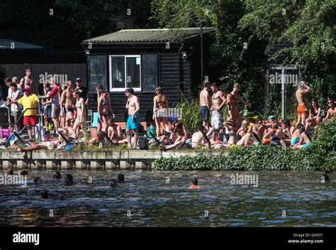 People Enjoy The Hot Summer Weather With A Swim In The Mixed Pond On Hampstead Heath Featuring