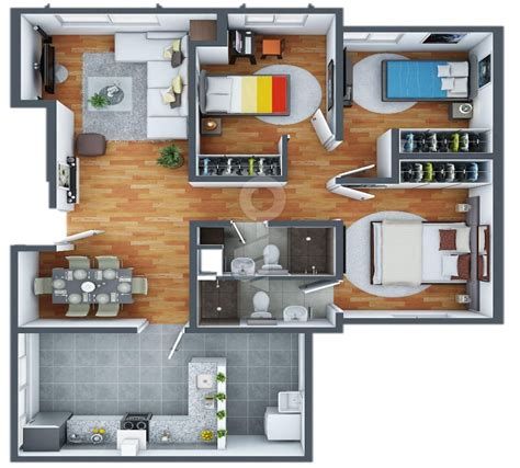 An Overhead View Of A Two Bedroom Apartment With Living Room And Dining