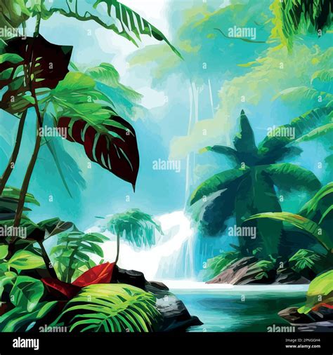 Waterfall Jungle Landscape Vector Illustration Tropical Natural