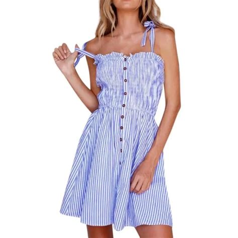 Women Sexy Striped Tie Dresses Off Shoulder Sleeveless Button Stringy Selevgy Camis Short