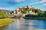 Panoramic view of Salzburg skyline with Festung Hohensalzburg and river ...