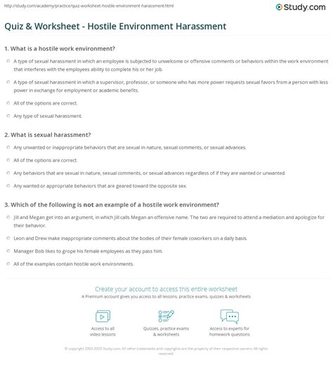 Quiz And Worksheet Hostile Environment Harassment