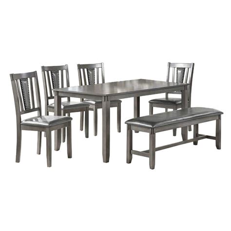 Benjara 6 Piece Gray Wooden Dining Set With Leatherette Padded Chair