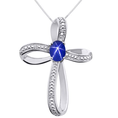 Rylos Diamond And Blue Star Sapphire Cross Pendant Necklace Set In 14k