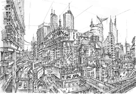 Artstation Cyberpunk Concept City Drawing