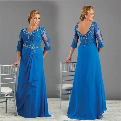 Royal Blue Mother Of The Bride Dresses Plus Size V Neckline Floor Length A Line Chiffon Long