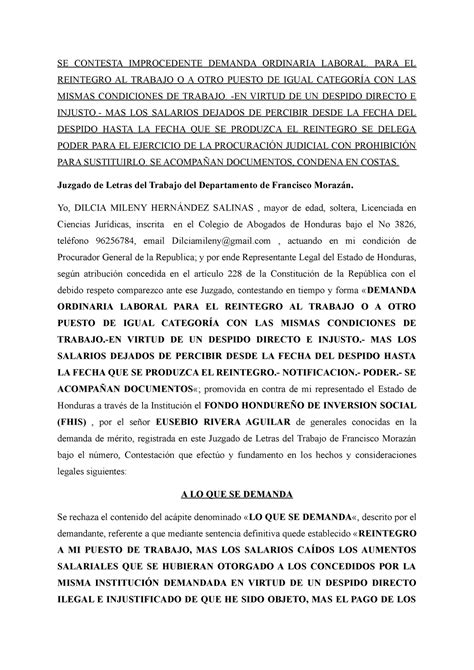 Contestacion DE Demanda Laboral SE CONTESTA IMPROCEDENTE DEMANDA