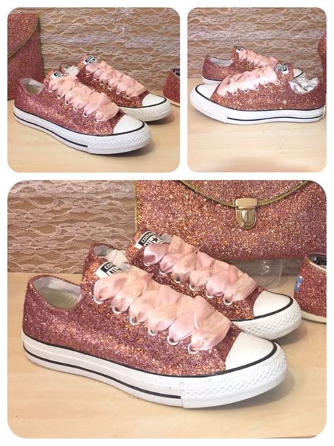 Converse all star girls kids gold lace up low sneaker trainers shoes size uk 10. Womens metallic Rose gold glitter Converse all by CrystalCleatss