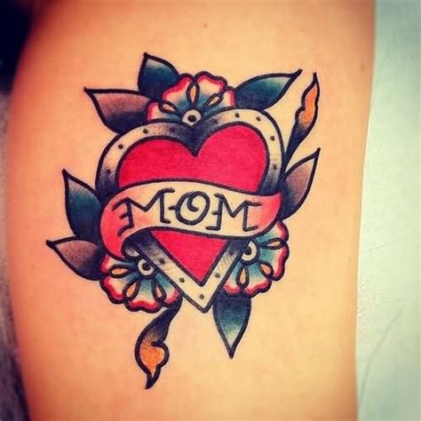 Beautiful Red Heart And Mom Banner Tattoo