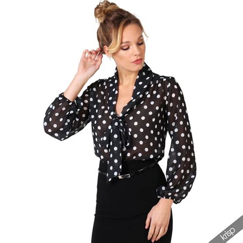 Women Retro Polka Dot Pleated Pussy Bow Tie Chiffon Blouse Top Button Shirt Work Ebay