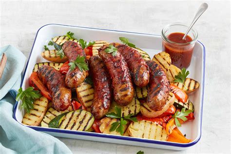 Beef Sausages With Smoky Glaze And Grilled Vegetables