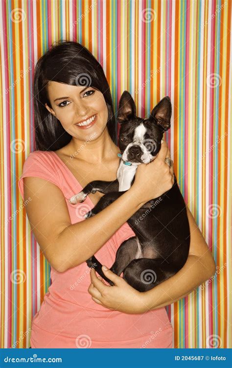 Woman Holding Dog Stock Image Image Of Small Breed 2045687