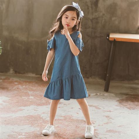 2018 Fashion Casual Summer Baby Girls Dress Bow Denim Blue Kids Party