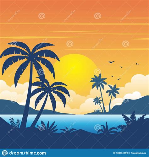 Beach Sunset With Silhouette Of Palm Trees Landscape Background Stock