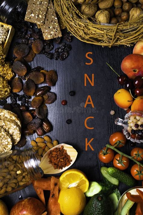 Healthy Snack Food On Wooden Table With Text Copy Space Top View Stock