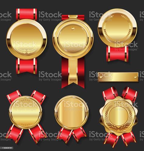 Gold Medal With Red Ribbons Collection Stock Illustration Download