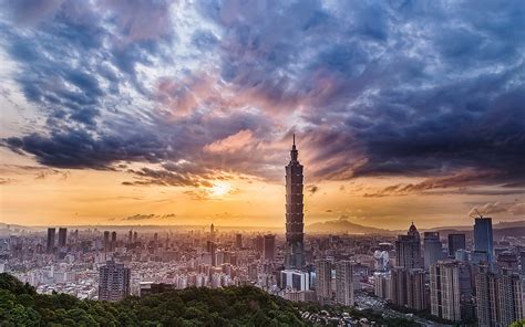 Taiwan Sunset Clouds Buildings Skyscrapers Landscape Hd Wallpaper Man