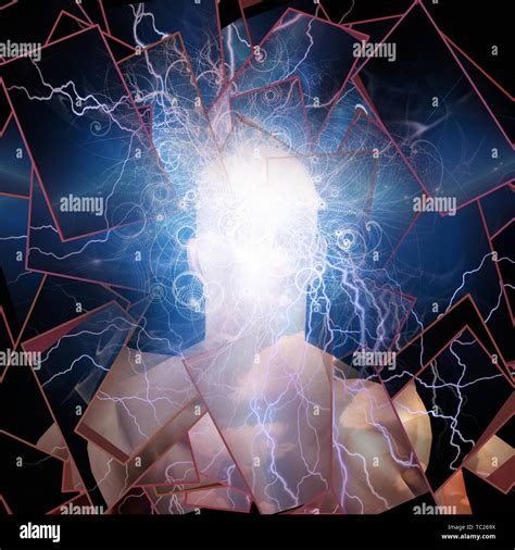 Surreal Digital Art Mans Head With Stars Lightnings And Clouds Stock