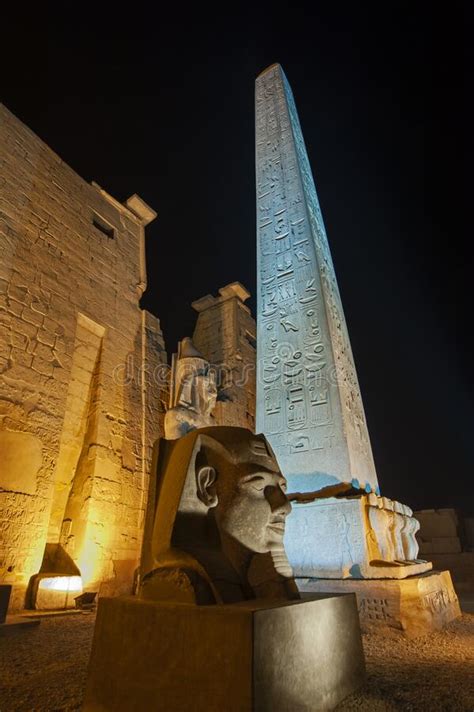 Statue And Obelisk At Luxor Temple At Night Stock Image Image Of