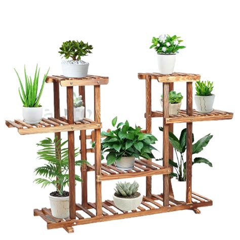 Buy Plant Stand Garden Wooden Flower Pots Shelf Storage Rack Holder Outdoor Indoor Carbon With