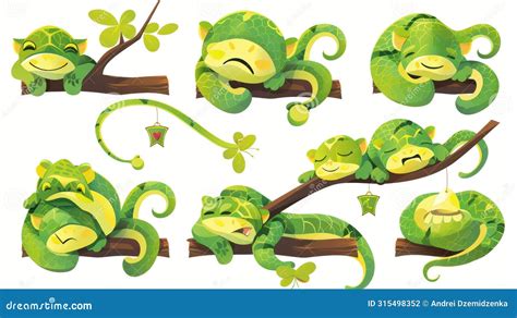 Characters Of Green Snakes Isolated On White Background Modern Cartoon Illustration Of Cute