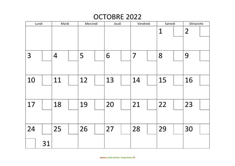 Calendrier Octobre 2022 à imprimer