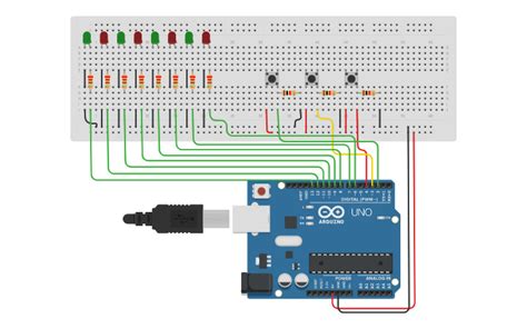 Circuit Design Arduino 8 Led Dengan 3 Push Button Tinkercad