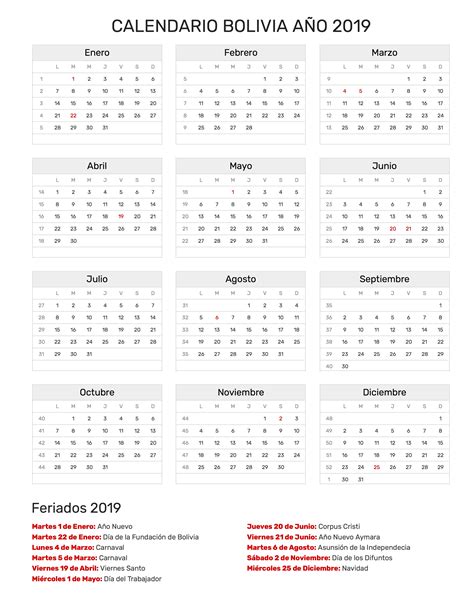 Calendario 2020 Bolivia Con Feriados Para Imprimir Actual Almanaque