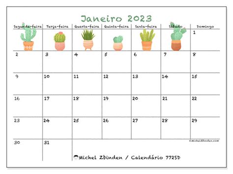 Calendário de janeiro de 2023 para imprimir 772SD Michel Zbinden BR