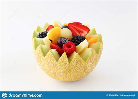 Fancy Cut Melon On A White Background With Assorted Fruit Inside Stock Photo Image Of Isolated
