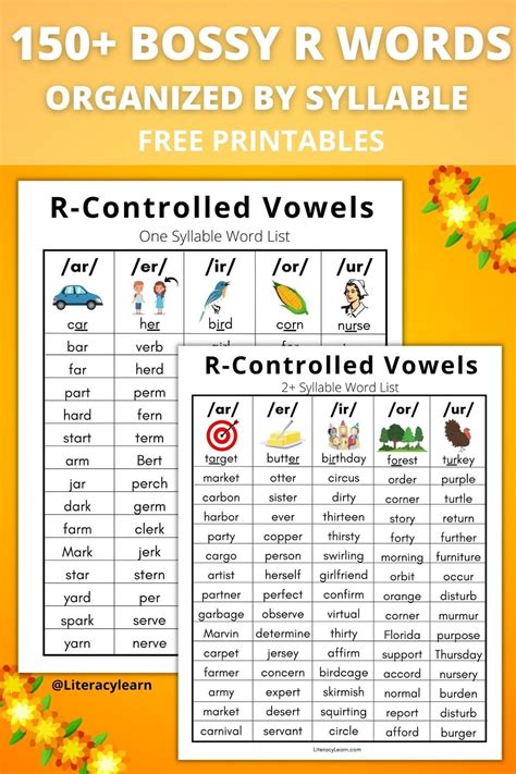 150 R Controlled Vowel Words Free Printable Lists Literacy Learn