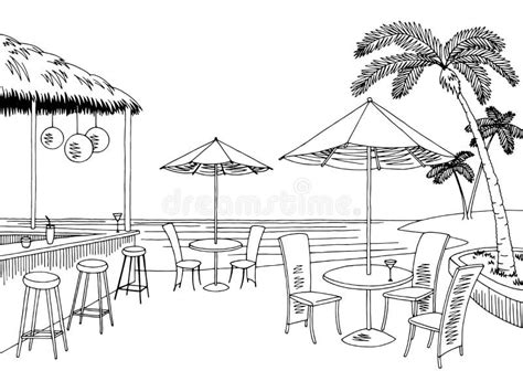 Beach Cafe Bar Graphic Black White Landscape Sketch Illustration Stock