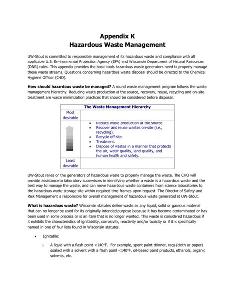 Appendix K Hazardous Waste Management