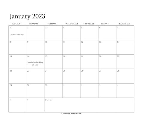 January 2023 Editable Calendar With Holidays
