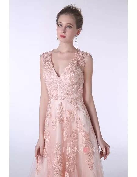 A Line V Neck Sweep Train Tulle Prom Dress With Appliques Lace Cy