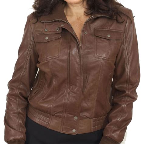 Front Pocket Brown Leather Bomber Jacket For Women Leather Jackets Usa