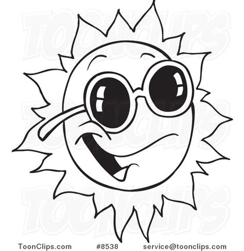 Cartoon Black And White Line Drawing Of A Happy Sun Wearing Shades