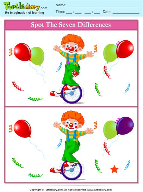 Spot The Differences Clown In Cycle Worksheet Turtle Diary