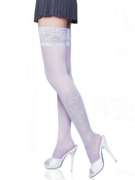 Sexy Lace Stockings Black Sheer Lace Top Detail Thigh High Stockings With Printed Bow In