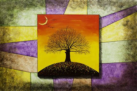 Tree Silhouette And Crescent Moon At Sunset Painting