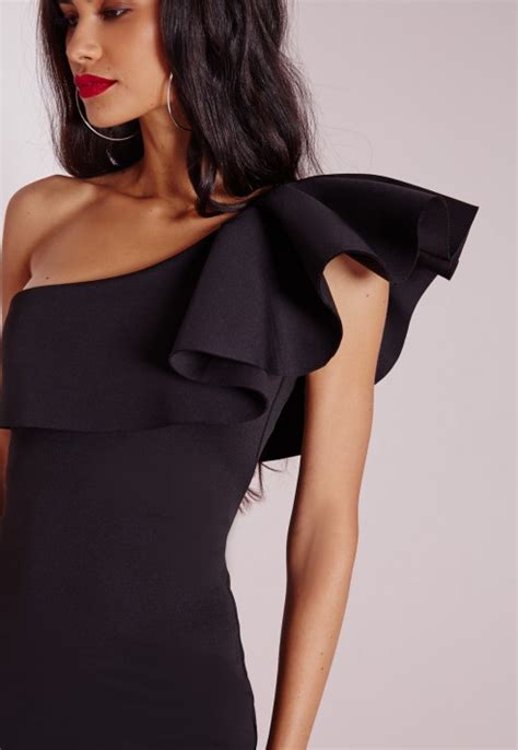 Missguided One Shoulder Ruffle Bodycon Dress Black In Black Lyst