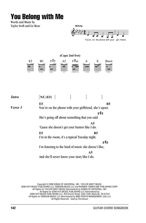 You Belong With Me Sheet Music Taylor Swift Guitar Chordslyrics