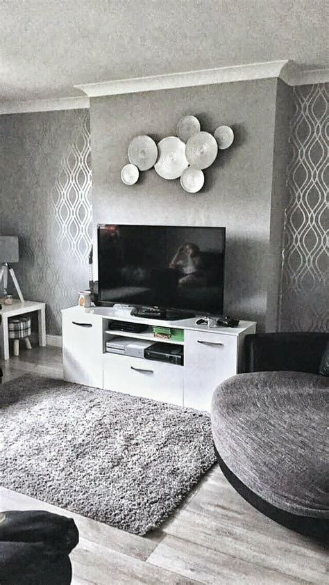 Camden Wave Wallpaper In Soft Grey And Silver Feature Wall Living