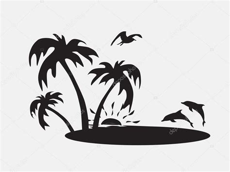Silhouet palmbomen op het strand met vis, vectorillustratie | Palmboom, Op het strand, Het strand