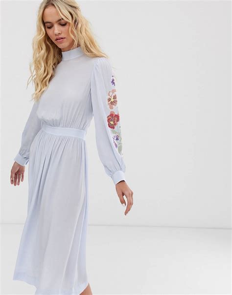 and other stories sheer sleeves floral embroidered midi dress in light blue other stories online