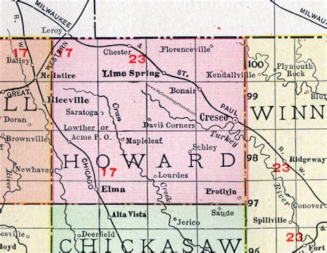 Howard County Iowa 1911 Map Cresco Elma Lime Springs Protivin