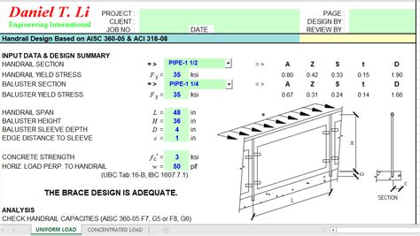 Handrail Design Based On Aisc 360 05 And Aci 318 08 Excel Sheets