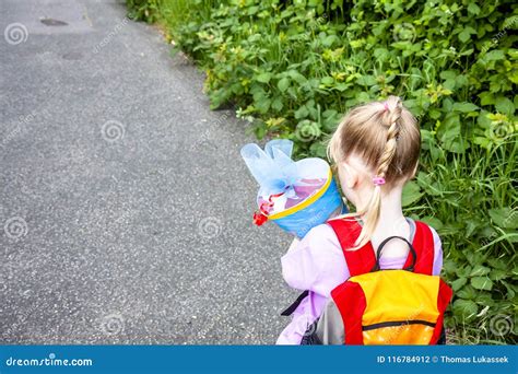 Little Girl On Her Way To Her First Day Of School Stock Photo Image