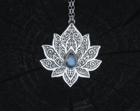 Lotus Pendant Water Lily Necklace Silver Moonstone Yoga Etsy Magical